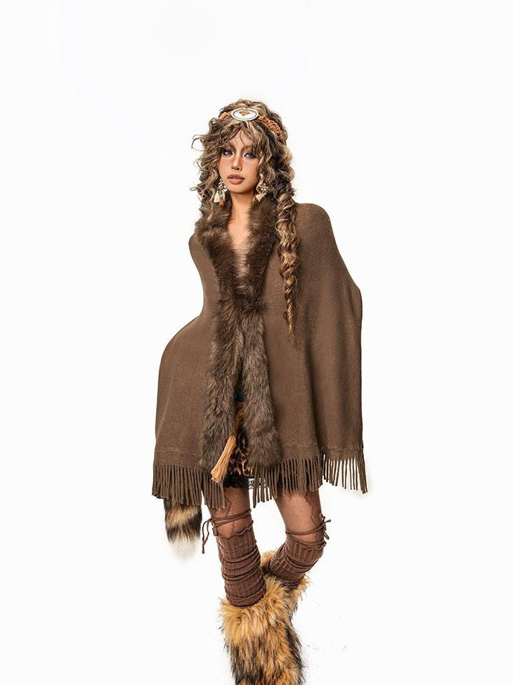 Arielink Camel Faux Fur Collar Fringe Cape Batwing Vintage Women's Knit Cardigans