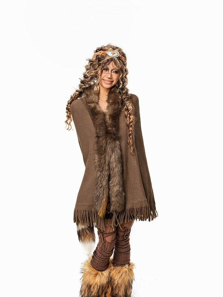 Arielink Camel Faux Fur Collar Fringe Cape Batwing Vintage Women's Knit Cardigans