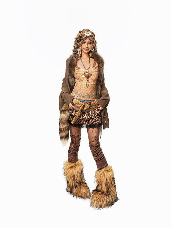 Arielink Camel Faux Fur Collar Fringe Cape Batwing Vintage Women's Knit Cardigans