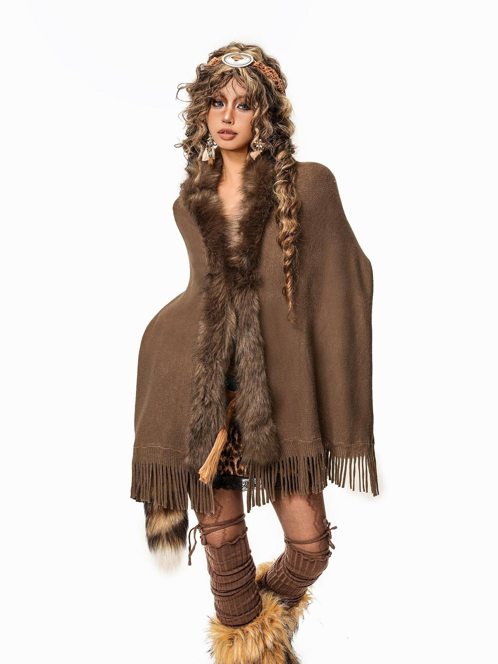 Arielink Camel Faux Fur Collar Tassel Cape Batwing Vintage Women's Knitted Cardigans