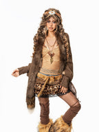 Arielink Camel Faux Fur Collar Tassel Cape Batwing Vintage Women's Knitted Cardigans