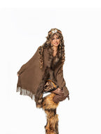 Arielink Camel Faux Fur Collar Tassel Cape Batwing Vintage Women's Knitted Cardigans