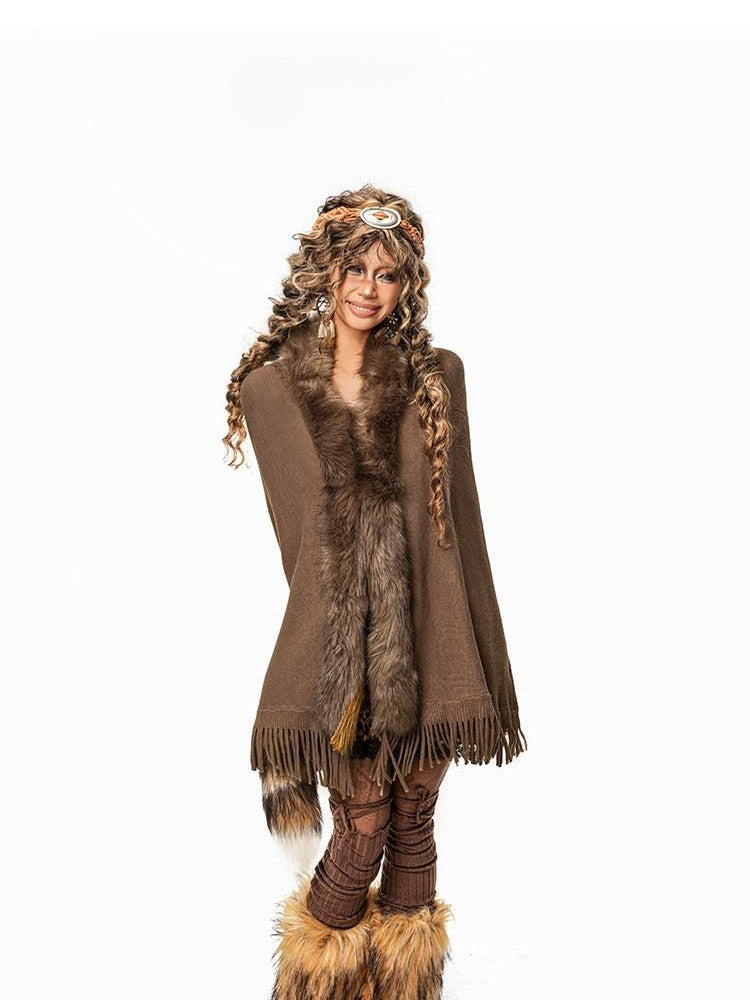 Arielink Camel Faux Fur Collar Tassel Cape Batwing Vintage Women's Knitted Cardigans