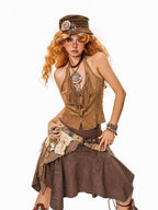 Arielink Camel Fringe Halter V-neck Button Cropped Women's Suede Tank Tops