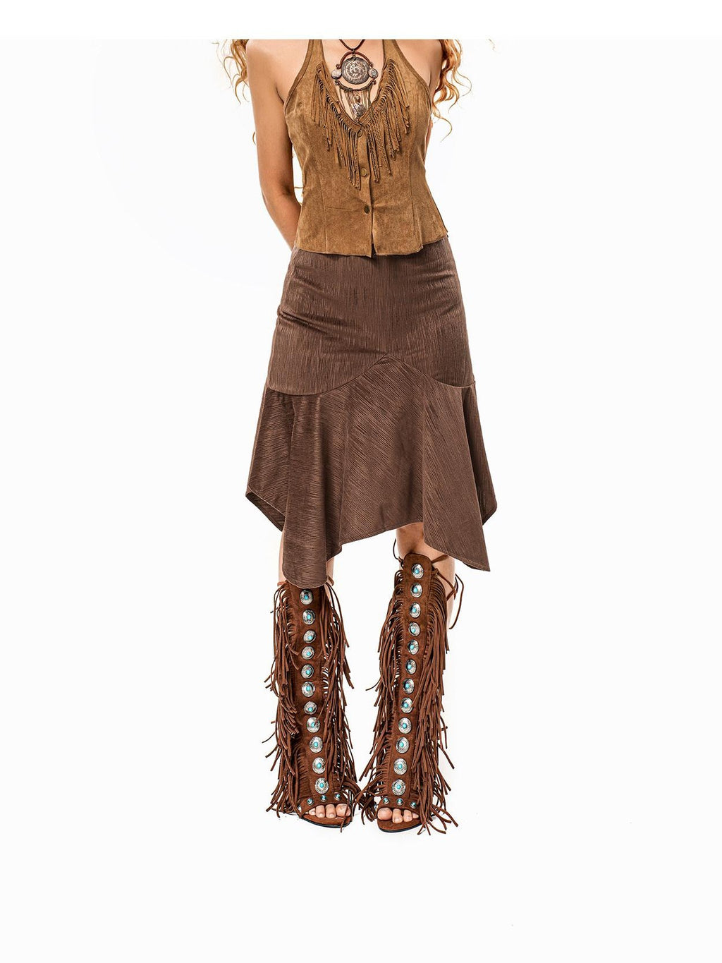 Arielink Camel Fringe Halter V-neck Button Cropped Women's Suede Tank Tops