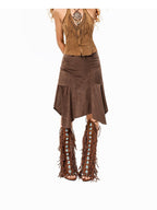 Arielink Camel Fringe Halter V-neck Button Cropped Women's Suede Tank Tops