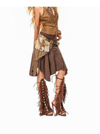 Arielink Camel Fringe Halter V-neck Button Cropped Women's Suede Tank Tops