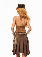 Arielink Camel Fringe Halter V-neck Button Cropped Women's Suede Tank Tops