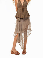 Arielink Camel Lace Patchwork Asymmetric Low Waist Tie A Line Women's Midi Skirts