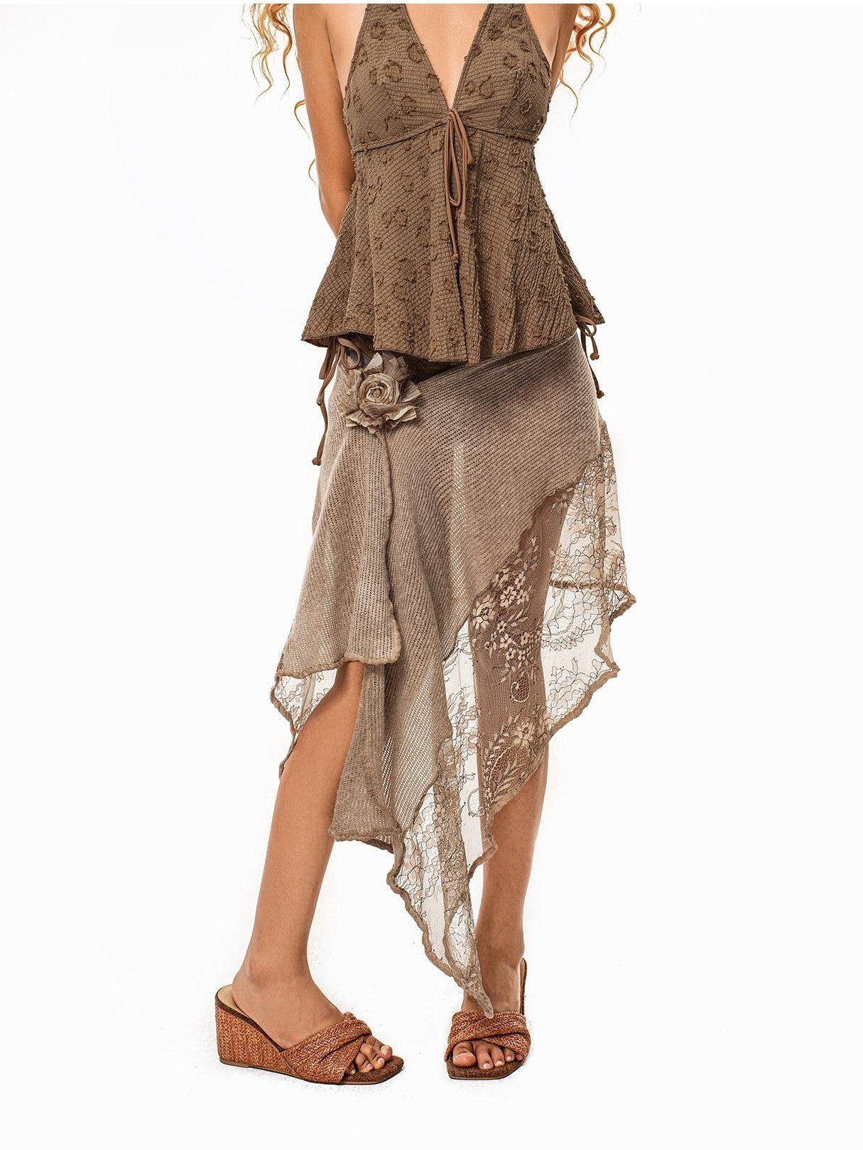 Arielink Camel Lace Patchwork Asymmetric Low Waist Tie A Line Women's Midi Skirts