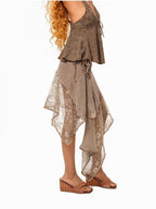 Arielink Camel Lace Patchwork Asymmetric Low Waist Tie A Line Women's Midi Skirts