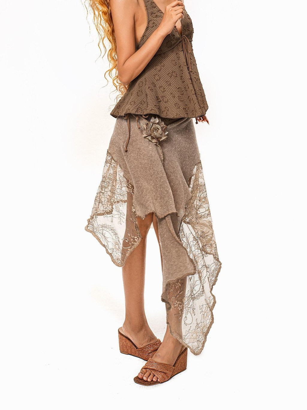 Arielink Camel Lace Patchwork Asymmetric Low Waist Tie A Line Women's Midi Skirts