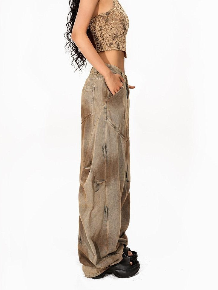 Arielink Camel Tie Dye Distressed Halter Backless Printed Cropped Women's Tank Tops
