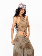 Arielink Camel Tie Dye Distressed Halter Backless Printed Cropped Women's Tank Tops