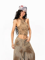 Arielink Camel Tie Dye Distressed Halter Backless Printed Cropped Women's Tank Tops