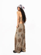 Arielink Camel Tie Dye Distressed Halter Backless Printed Cropped Women's Tank Tops