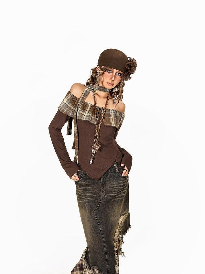 Arielink Checked Spliced One Shoulder Collar Irregular Hem Women's Long Sleeve T-shirts