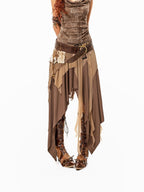 Arielink Coffee Apricot Colorblock Asymmetric Aline Mesh Panel Women's Tulle Midi Skirts