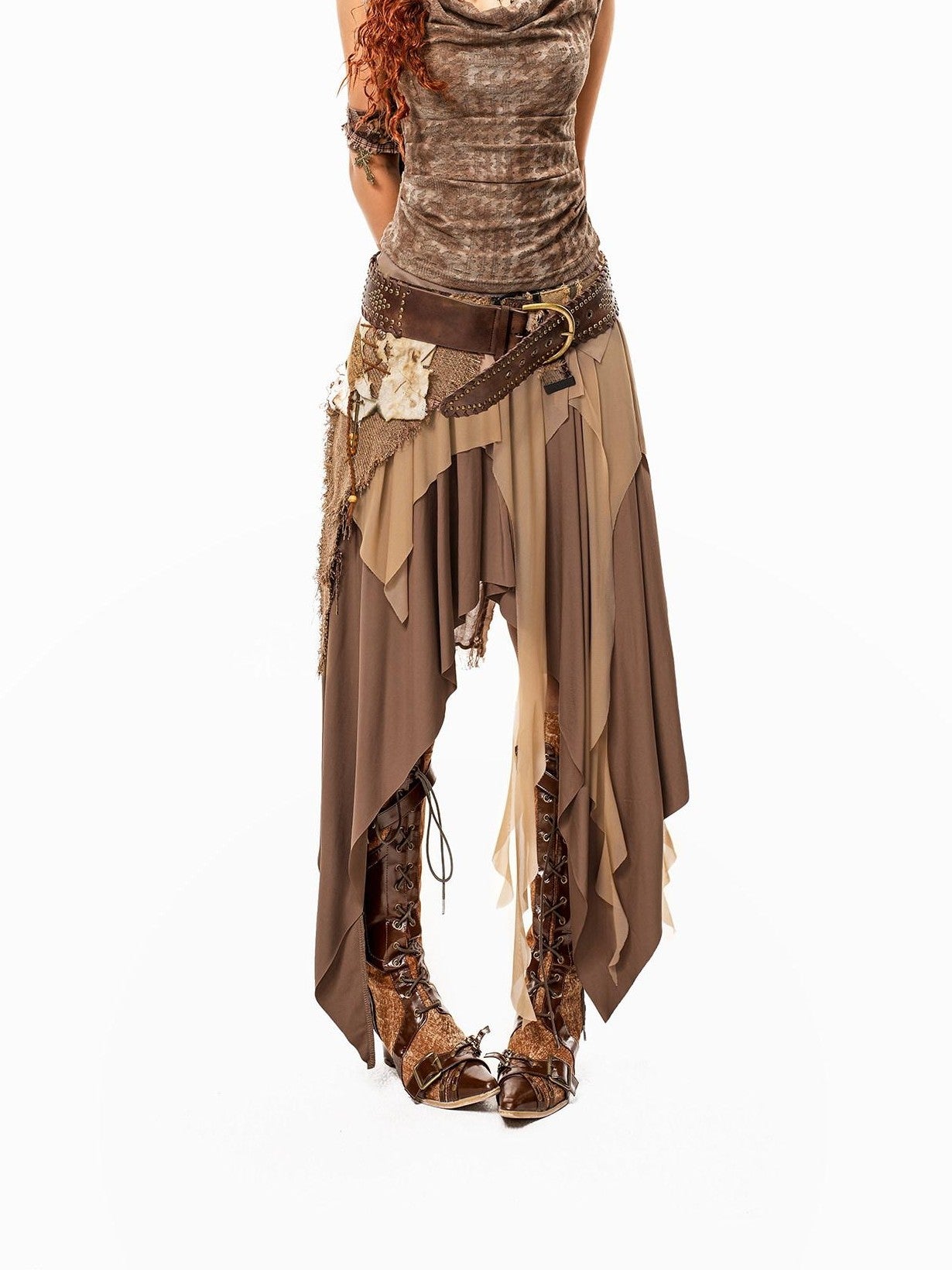 Arielink Coffee Apricot Colorblock Asymmetric Aline Mesh Panel Women's Tulle Midi Skirts