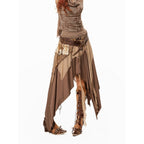 Arielink Coffee Apricot Spliced Mesh Asymmetric A Line Women's Midi Skirts 1041438248844
