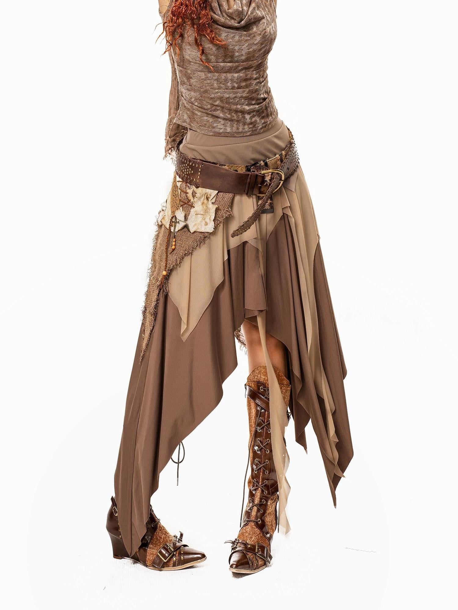 Arielink Coffee Apricot Spliced Mesh Asymmetric A Line Women's Midi Skirts