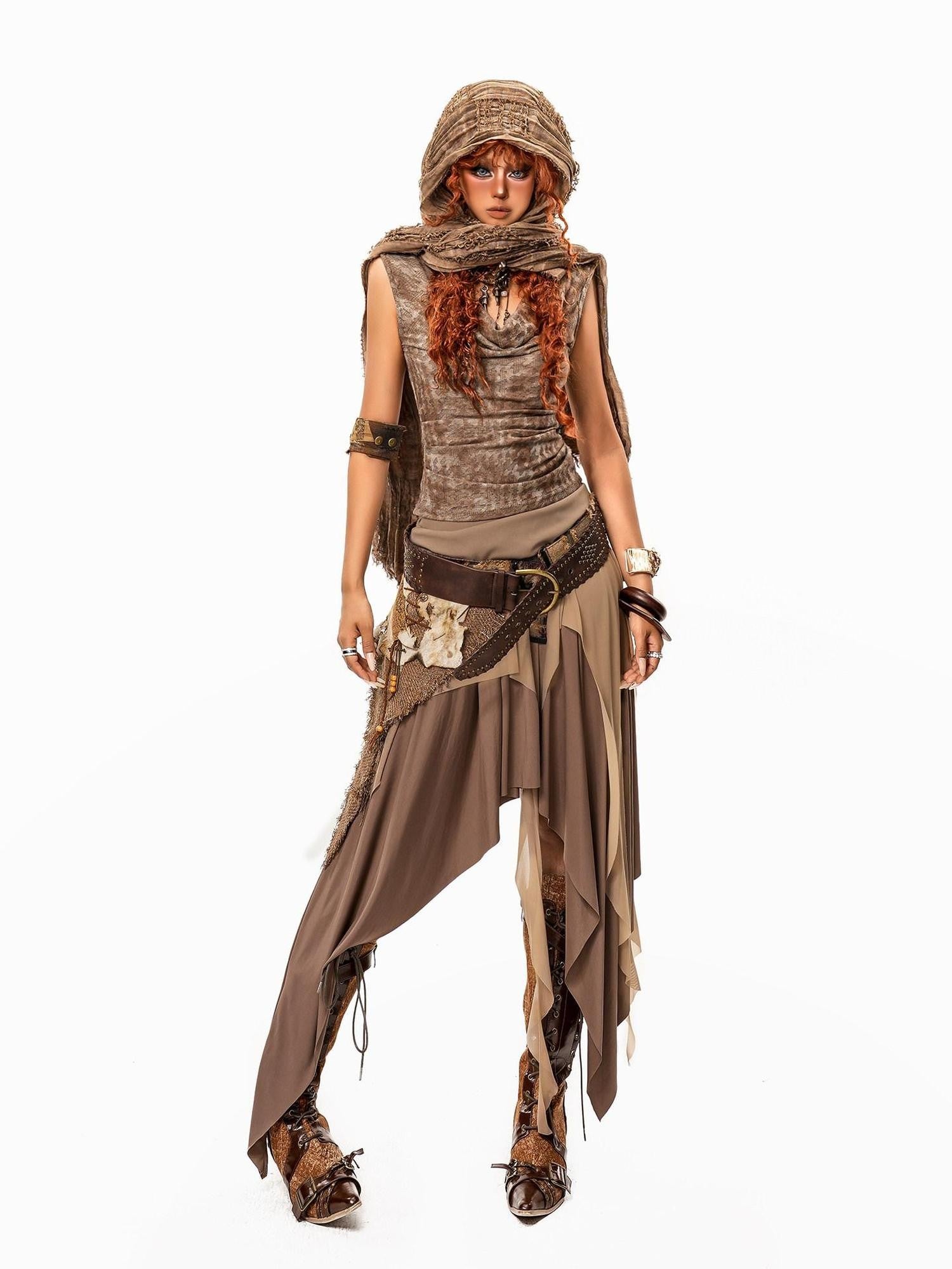 Arielink Coffee Apricot Spliced Mesh Asymmetric A Line Women's Midi Skirts