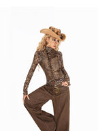 Arielink Coffee Brown Distressed Leopard Print Stand Collar Women's Leather Vests