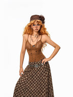 Arielink Coffee Brown Lace V-neck Slim Cinched Waist Women's Other Fabric Camisoles