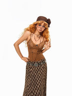 Arielink Coffee Brown Lace V-neck Slim Cinched Waist Women's Other Fabric Camisoles