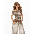 Arielink Coffee Brown Tie Dye Mesh Ribbons One Shoulder Women's Short Sleeve T-shirts 958263853526