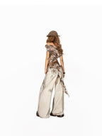 Arielink Coffee Brown Tie Dye Mesh Ribbons One Shoulder Women's Short Sleeve T-shirts