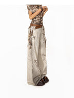 Arielink Coffee Brown Tie Dye Mesh Ribbons One Shoulder Women's Short Sleeve T-shirts