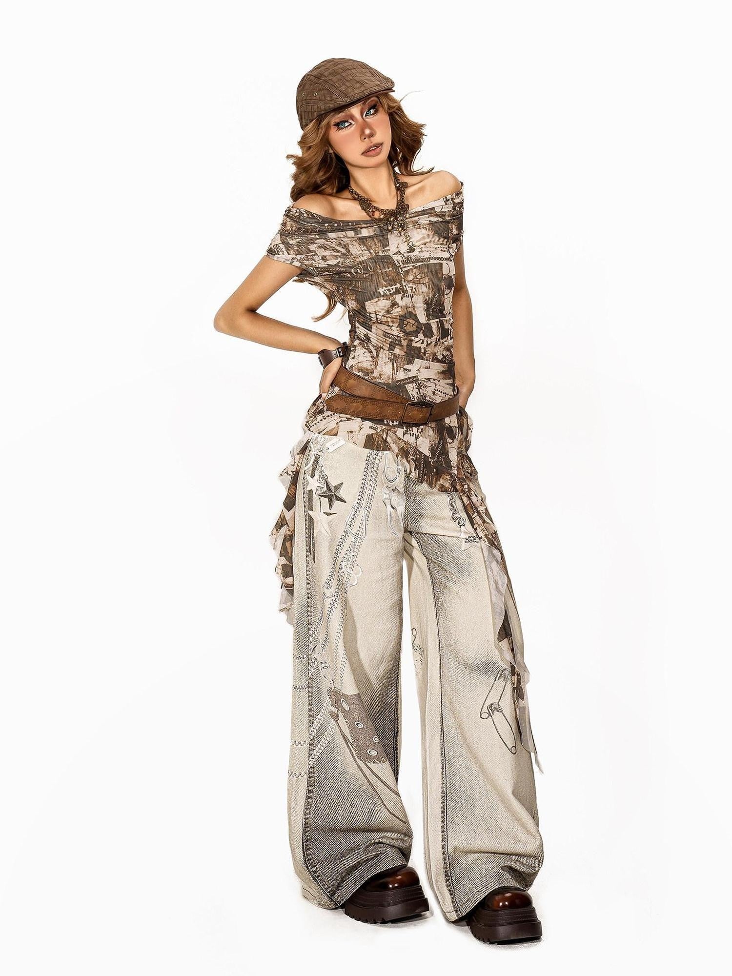 Arielink Coffee Brown Tie Dye Mesh Ribbons One Shoulder Women's Short Sleeve T-shirts