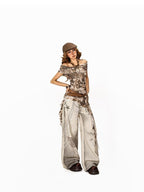 Arielink Coffee Brown Tie Dye Mesh Ribbons One Shoulder Women's Short Sleeve T-shirts