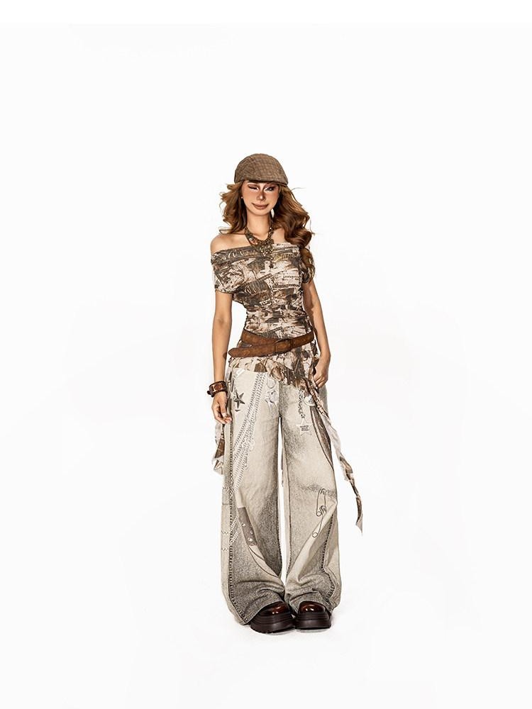 Arielink Coffee Brown Tie Dye Mesh Ribbons One Shoulder Women's Short Sleeve T-shirts