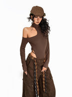 Arielink Coffee Cutout One Shoulder High Neck Women's Cropped Long Sleeve T-shirts