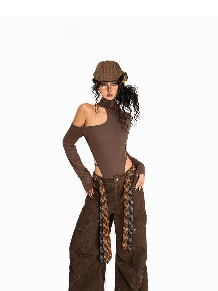 Arielink Coffee Cutout One Shoulder High Neck Women's Cropped Long Sleeve T-shirts