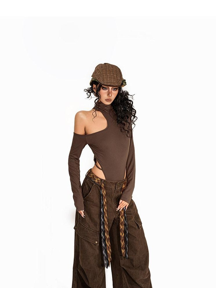 Arielink Coffee Cutout One Shoulder High Neck Women's Cropped Long Sleeve T-shirts
