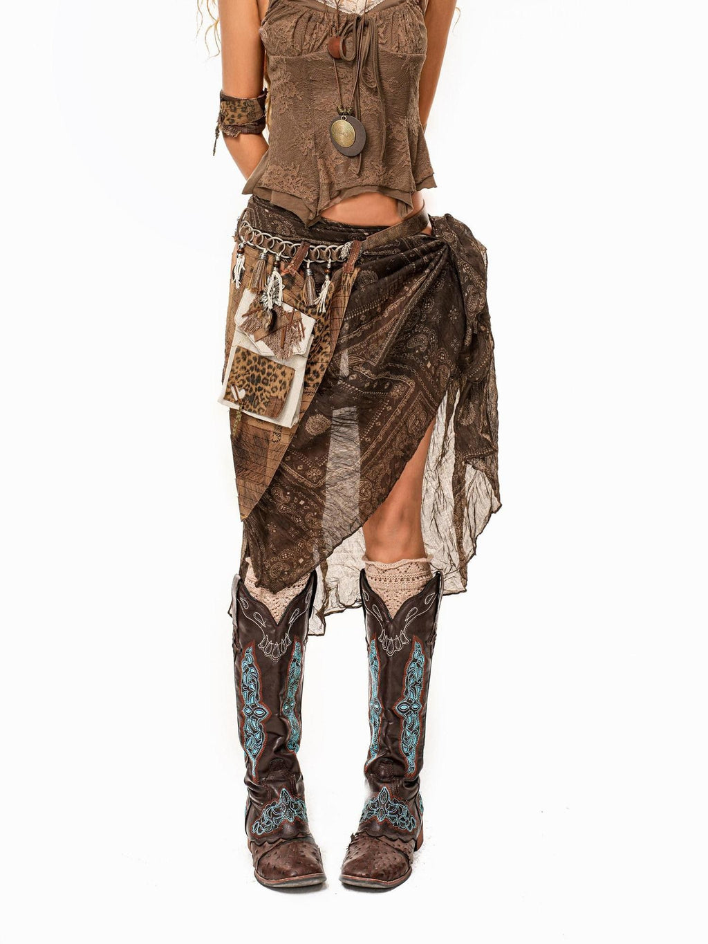 Arielink Coffee Distressed Asymmetric Layered One Piece Tie Low Waist Women's Mini Skirts