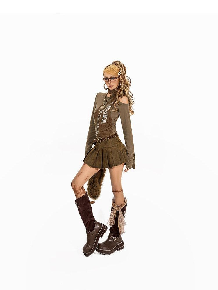 Arielink Coffee Green Lace Up Asymmetrical Letter Print Women's Long Sleeve T-shirts