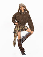 Arielink Cropped Stand Collar Vintage Moto Biker Women's Denim Utility Jackets