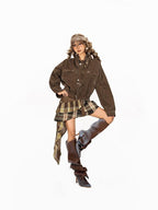 Arielink Cropped Stand Collar Vintage Moto Biker Women's Denim Utility Jackets