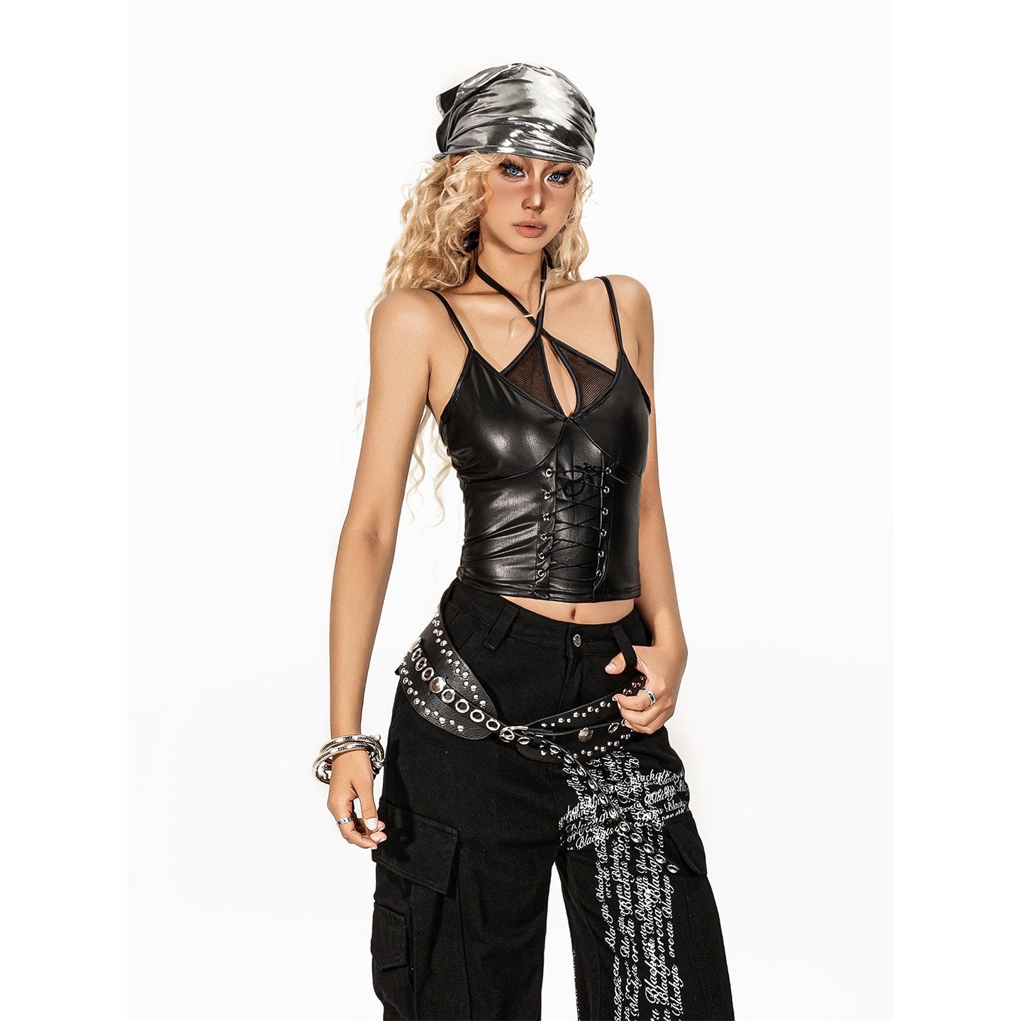 Arielink Cropped Vintage Punk Rock Pu Leather Patch Halter Women's Tank Tops 978785289289
