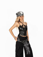 Arielink Cropped Vintage Punk Rock Pu Leather Patch Halter Women's Tank Tops