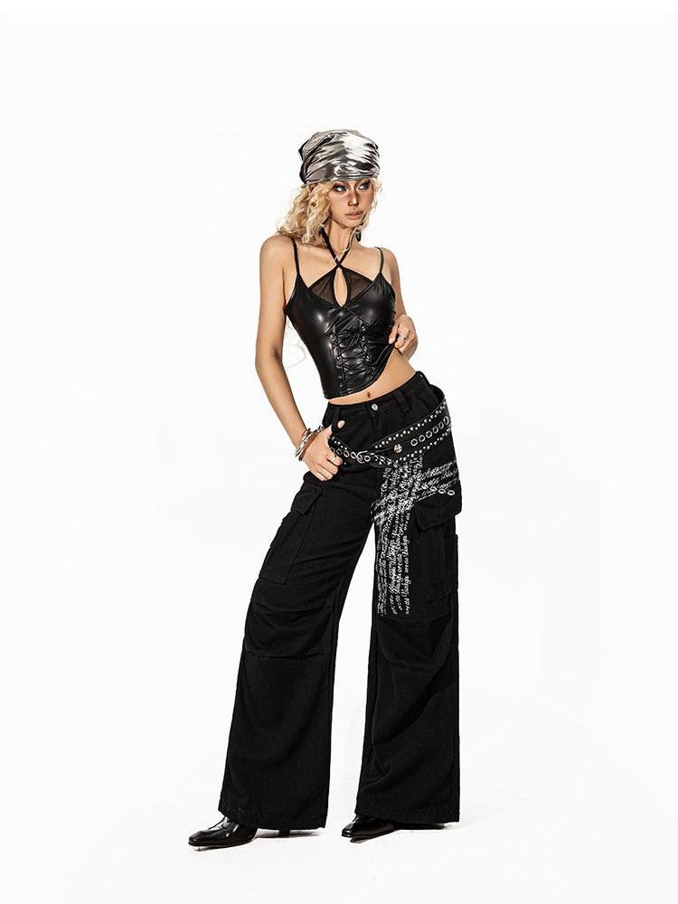 Arielink Cropped Vintage Punk Rock Pu Leather Patch Halter Women's Tank Tops
