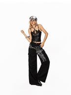 Arielink Cropped Vintage Punk Rock Pu Leather Patch Halter Women's Tank Tops