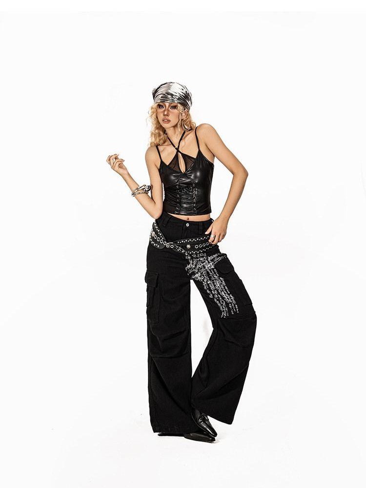 Arielink Cropped Vintage Punk Rock Pu Leather Patch Halter Women's Tank Tops