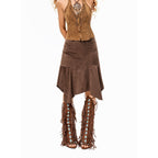 Arielink Deep Brown Distressed Asymmetric A Line Low Waist Side Zip Women's Midi Skirts 1030021114270