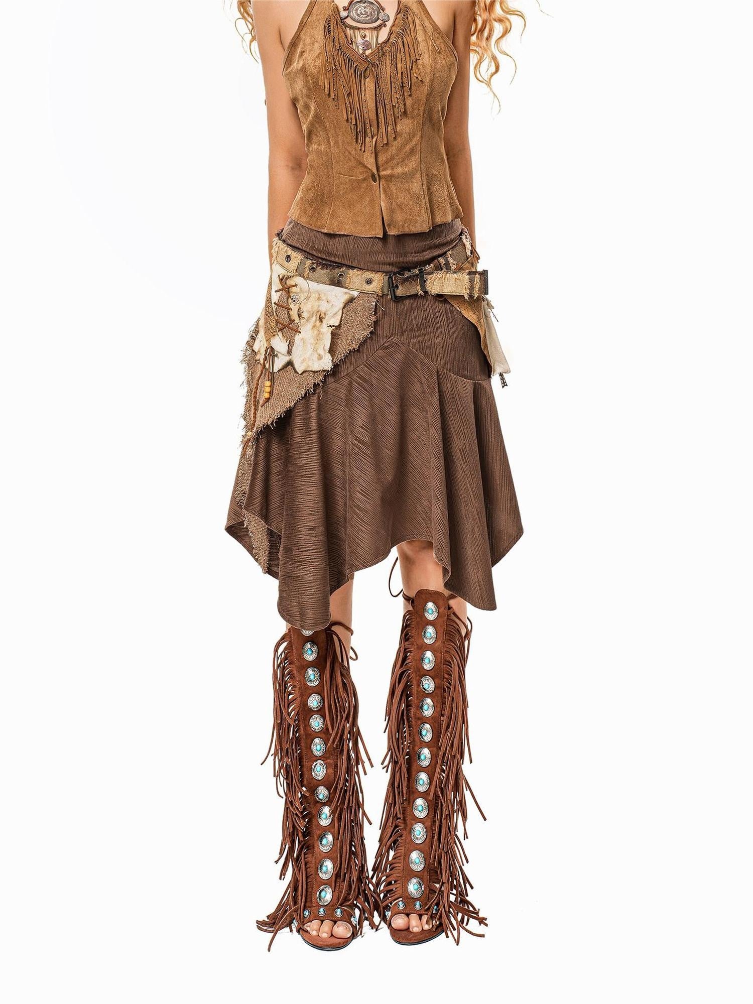 Arielink Deep Brown Distressed Asymmetric A Line Low Waist Side Zip Women's Midi Skirts