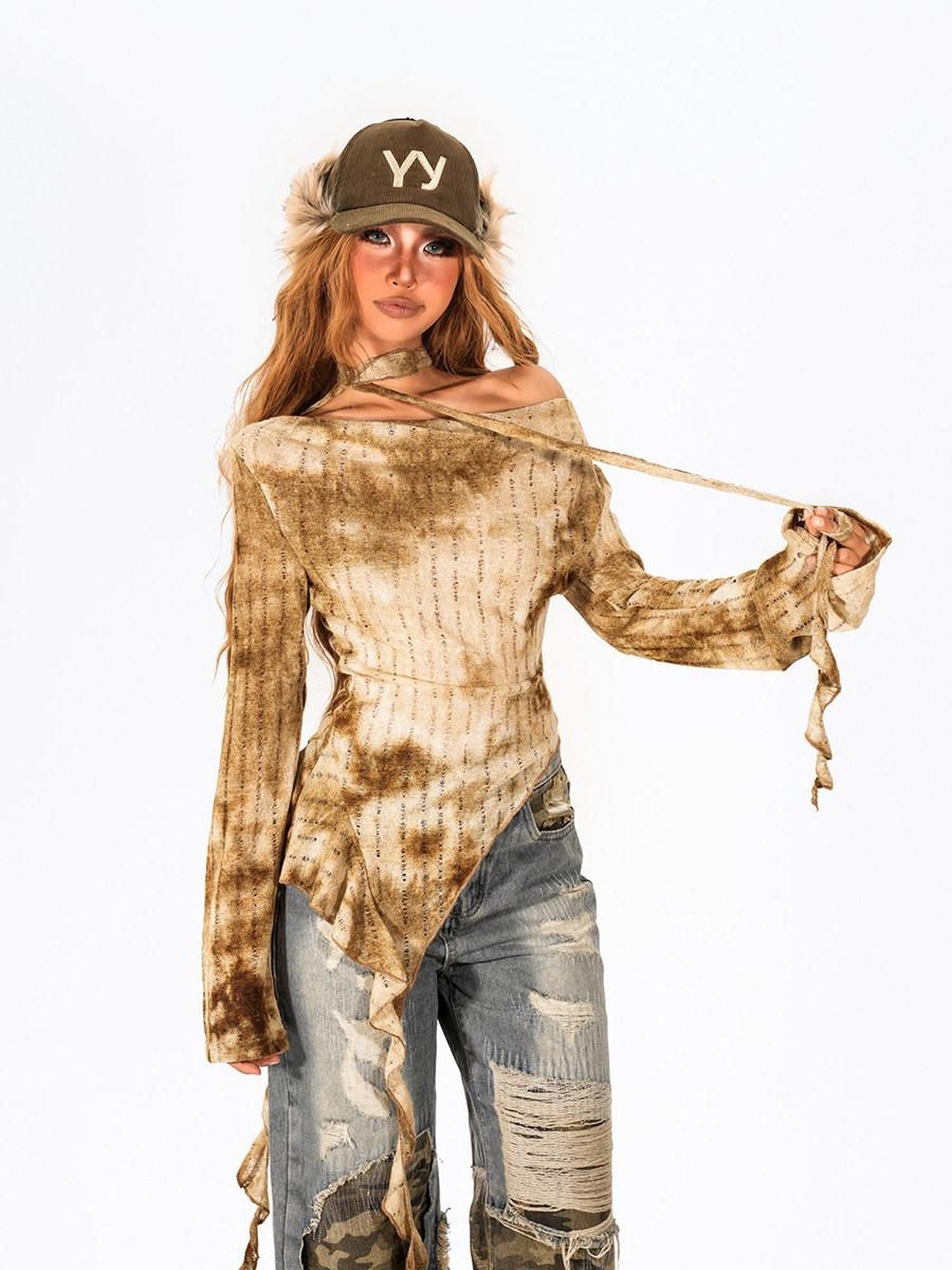 Arielink Distressed Asymmetric One Shoulder Lace Up Women's Knit Long Sleeve T-shirts